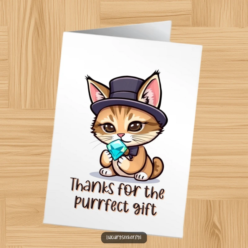 Funny Free Printable Thank You Card showing a debonair cat in a hat with a gemstone.