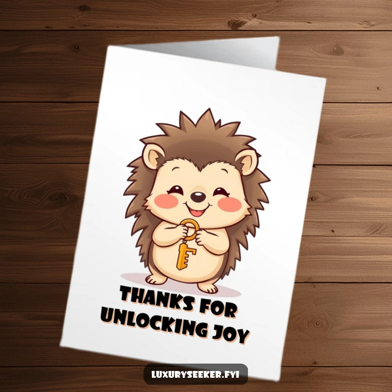 Funny Free Printable Thank You Card with a smiling hedgehog presenting a tiny golden key, symbolizing gratitude and a treasured connection shared.