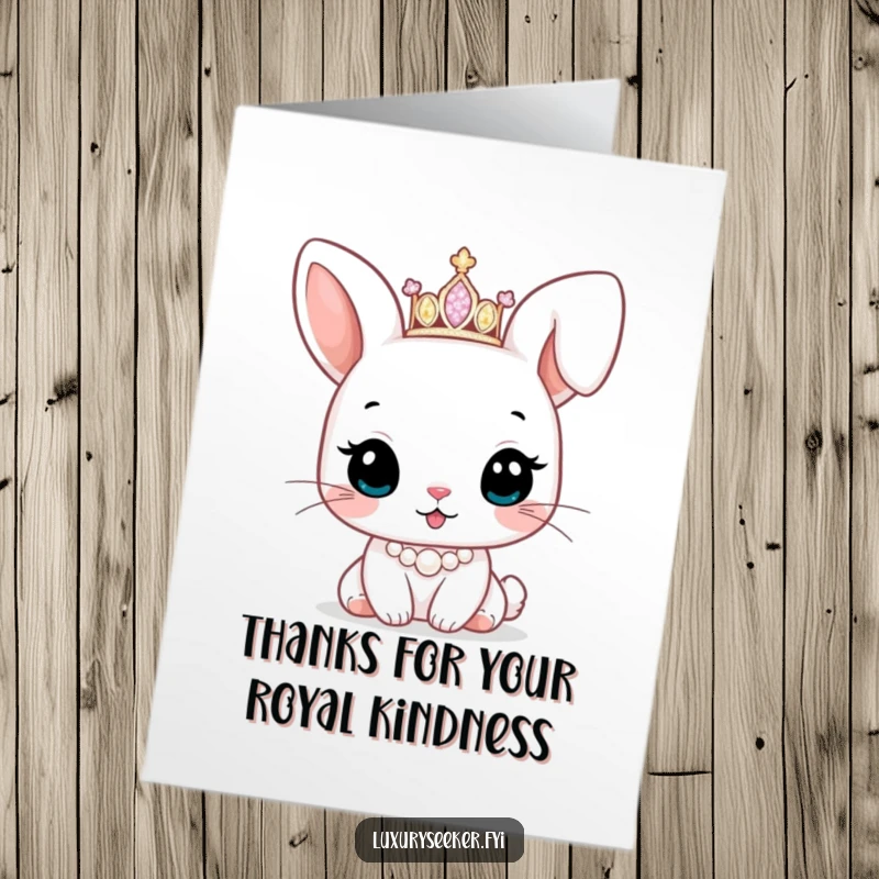 Cute Free Printable Thank You Card: Elegant bunny character wearing a tiara and pearls, symbolizing sweet gratitude.