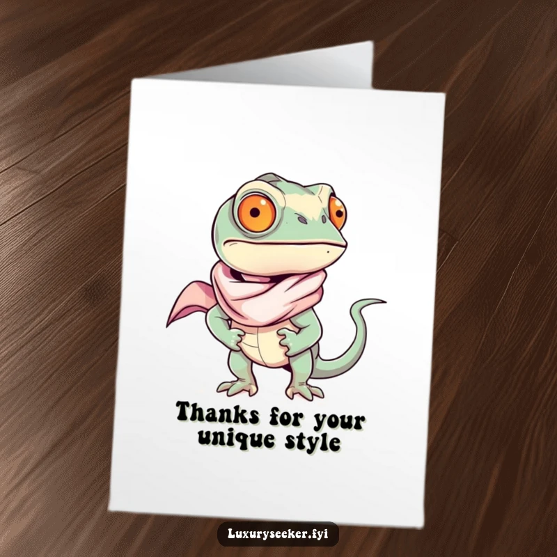 Funny Free Printable Thank You Card featuring a confident chameleon in a luxurious silk scarf, offering thanks with fashionable flair and charm.
