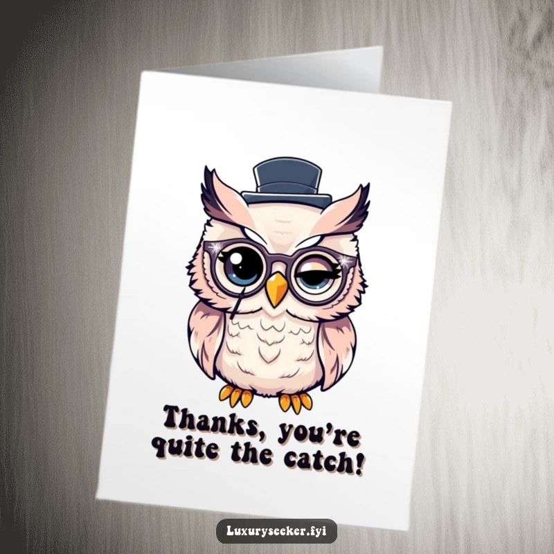 Funny Free Printable Thank You Card: An owl with a monocle and top hat winks, conveying thanks with sophistication.