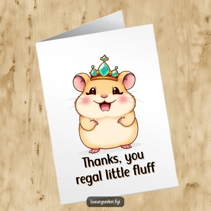 Free Printable Thank You Card: Giggling hamster with a jeweled crown strikes a regal pose, conveying thankful appreciation humorously.