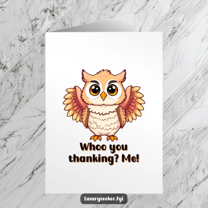 Funny Free Printable Thank You Card: Joyful owl character adorned with feathered boas, expressing thanks with a whimsical smile.