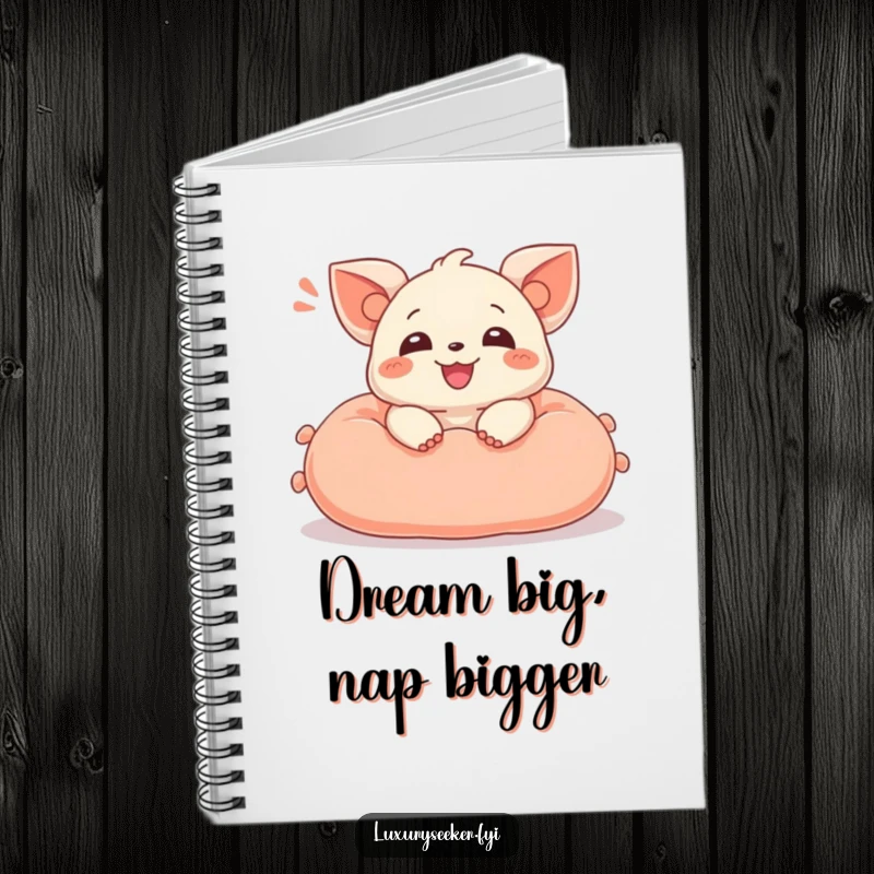 Funny notebook cover with a delighted creature exhaling a happy sigh while resting on a plush velvet cushion, for note-taking.