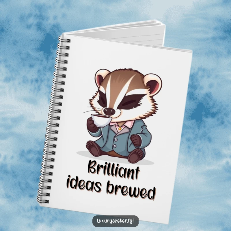 Funny notebook cover featuring a badger in a silk smoking jacket, sipping tea, designed for jotting down notes with a touch of dapper humor.