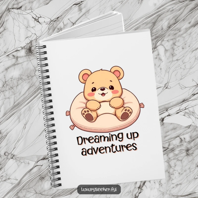 Funny notebook with a delighted bear lounging on a velvet cushion, designed for capturing notes and ideas with a humorous, relaxed vibe.