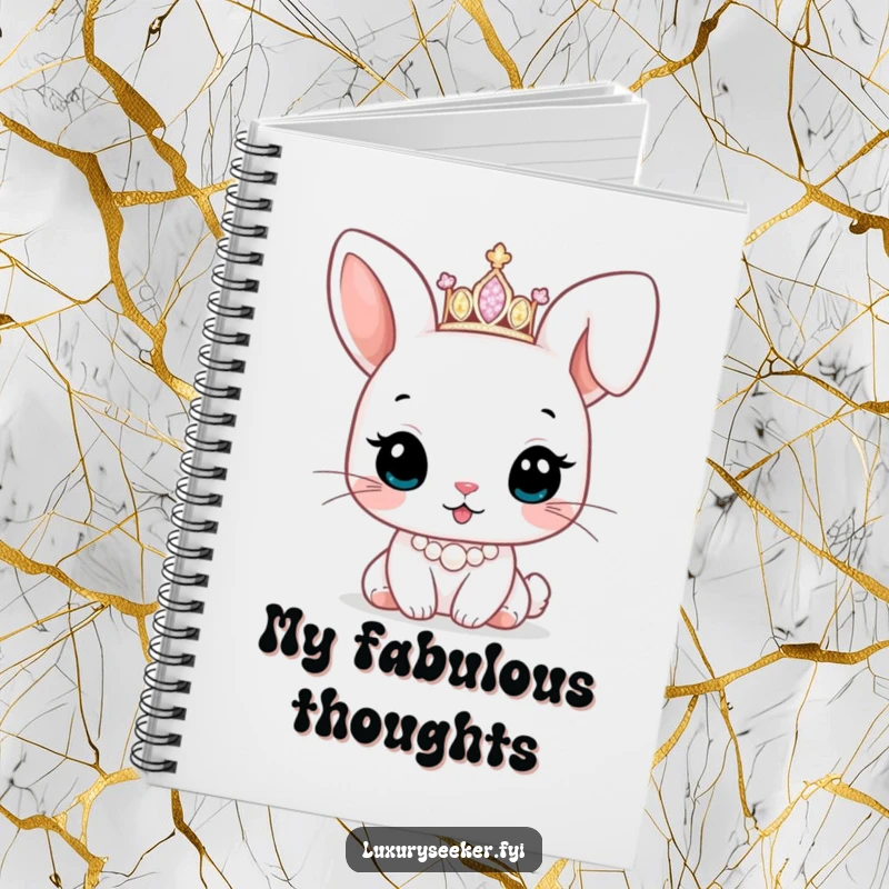 Funny notebook featuring a cute bunny character wearing a sparkling tiara and pearl necklace, ideal for jotting down cute and regal ideas.
