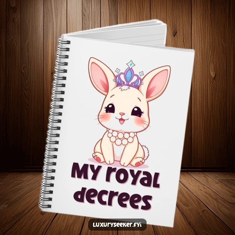 Funny notebook featuring a happy bunny with a pearl necklace, admiring a sparkling tiara, ready for your royal notes.