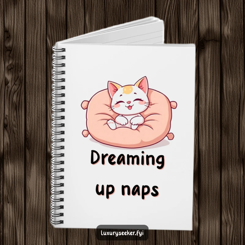 Funny notebook featuring a happy cat character lounging on a plush, oversized velvet cushion, ideal for jotting down relaxed and cozy ideas.
