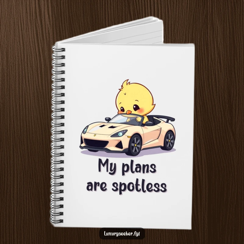 Funny notebook with a sweet chick humorously polishing a tiny, gleaming sports car, perfect for jotting down automotive plans.