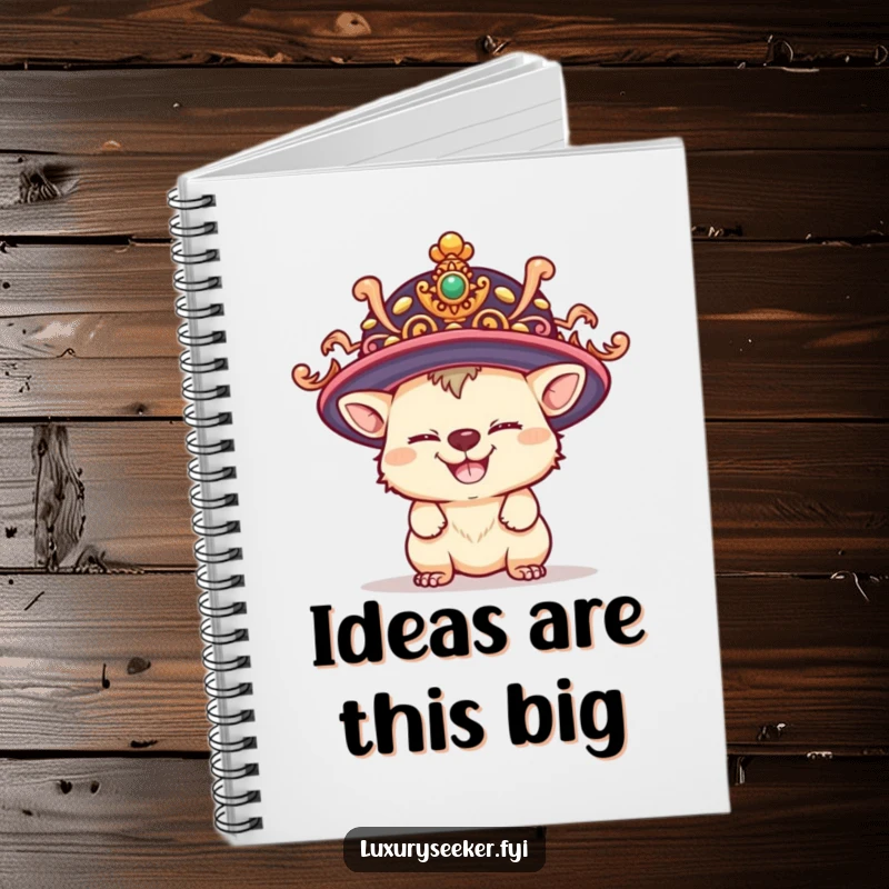 Funny notebook cover with a playful creature grinning mischievously while trying on a giant, ornate hat, for journaling.