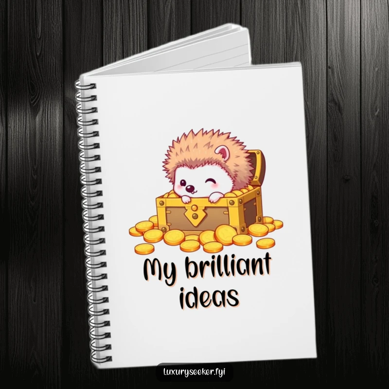 Funny notebook cover with a curious hedgehog peering into a treasure chest overflowing with gold coins, inspiring discovery.