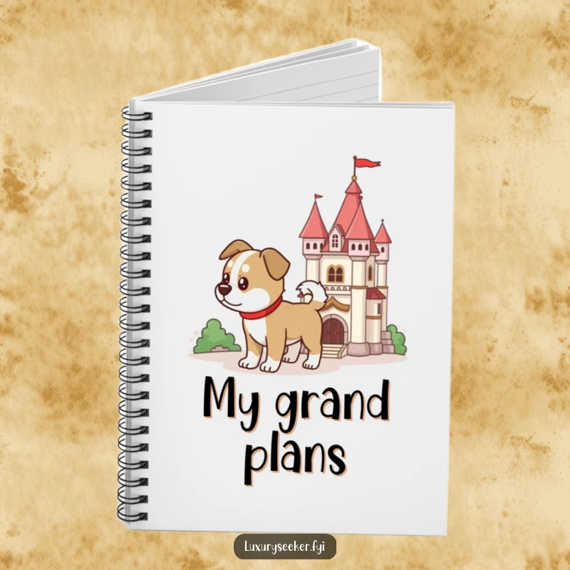 Funny dog guarding a miniature castle on a notebook cover, ready for writing, a funny gift.
