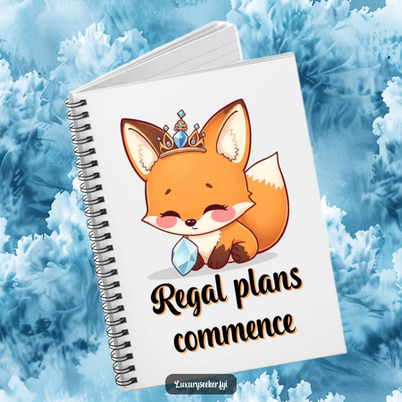 Funny Notebook with a cheerful fox wearing a sparkly tiara, admiring a jewel, for inspired writing.