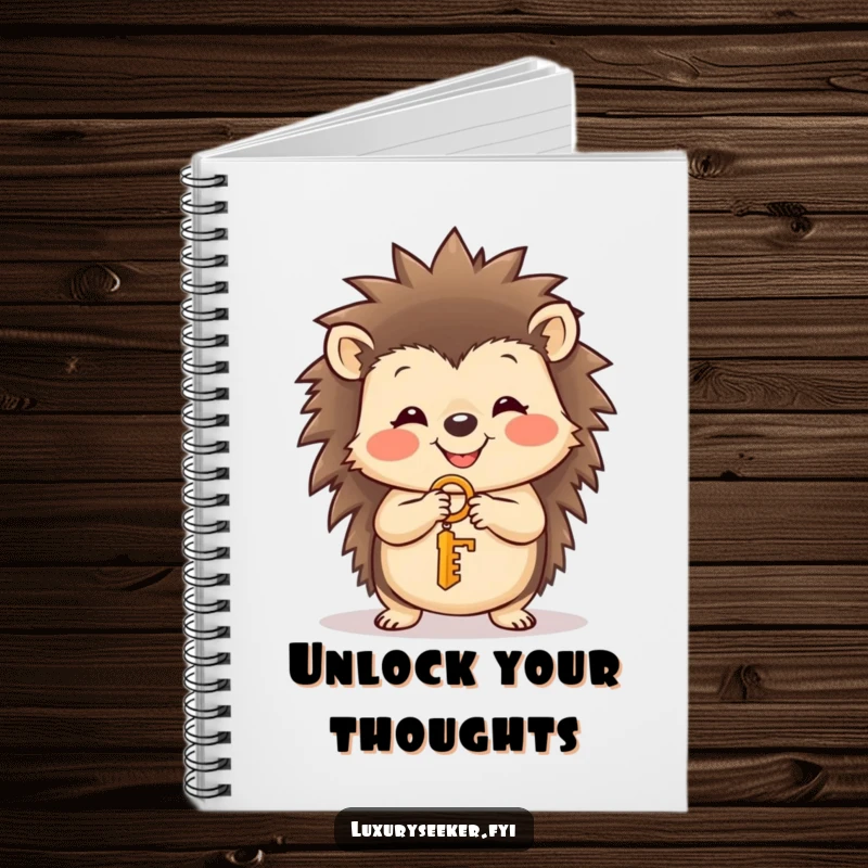 Funny hedgehog with a sweet smile holding a tiny golden key on a notebook, perfect for jotting down ideas, a cute funny gift.