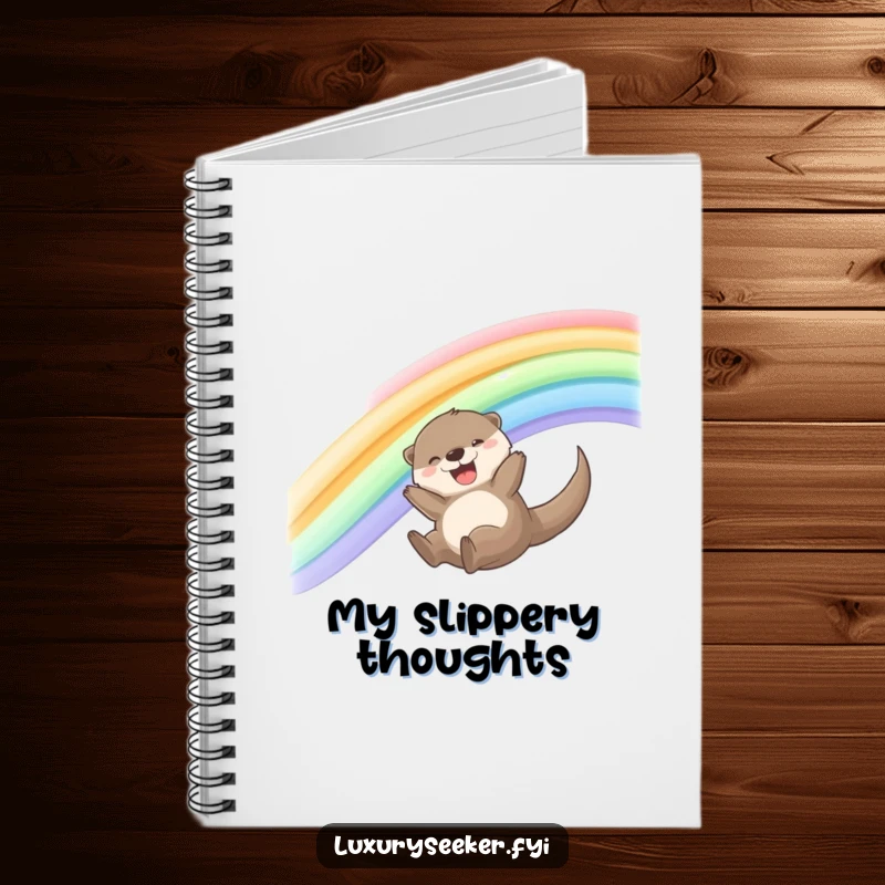Funny Otter Notebook featuring a joyful otter sliding down a rainbow of shimmering silk ribbons, perfect for whimsical note-taking.