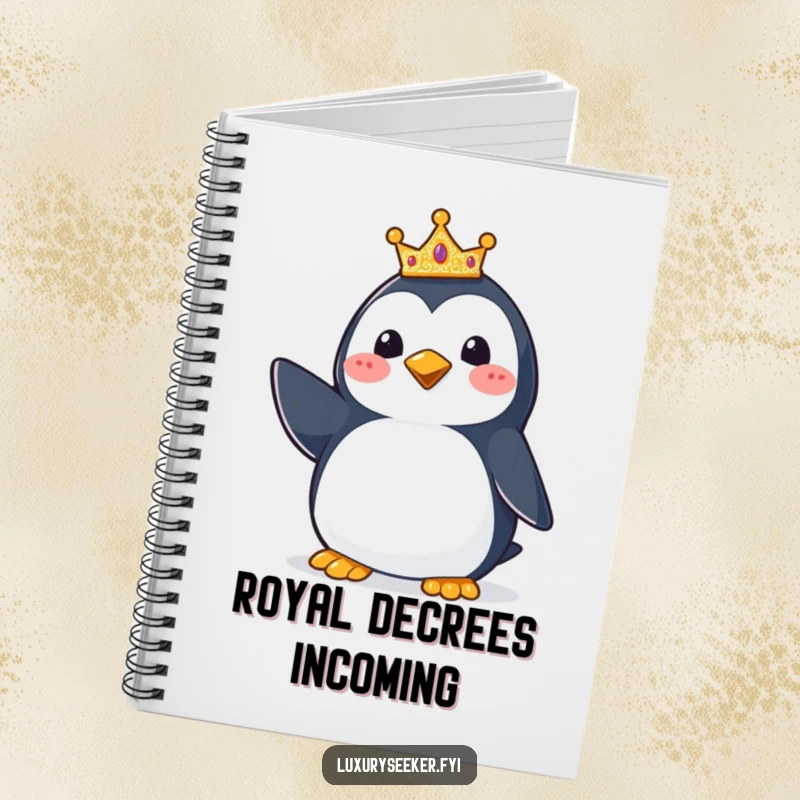 Funny Penguin Crown Notebook: A notebook featuring a happy penguin wearing a small glittering crown, ideal for jotting down funny or regal notes.