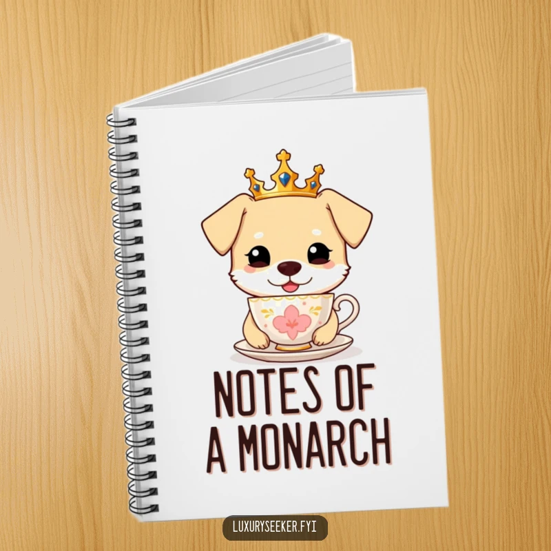 Funny Notebook: A happy dog wearing a crown, sipping from a golden teacup, ready for your notes.