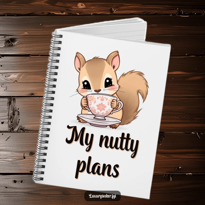 Funny squirrel notebook with a curious squirrel holding a tiny ornate teacup and saucer, ideal for notes and journaling with a whimsical theme.