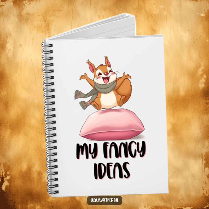 Funny notebook: A happy squirrel in a designer scarf jumping onto a plush velvet cushion, ideal for journaling with humor.