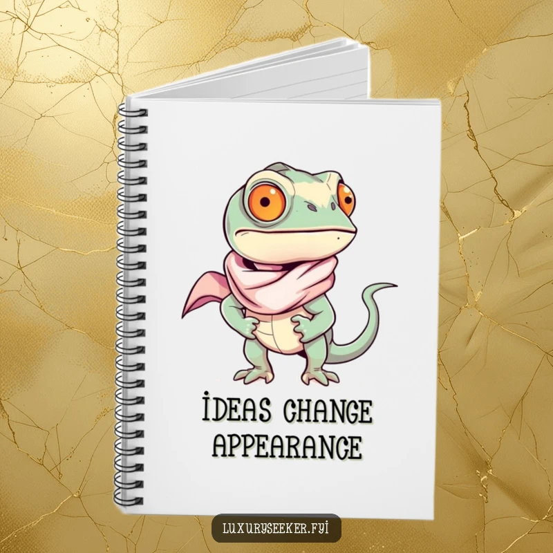 Funny chameleon adorned with a silk scarf, confidently writing in a notebook, perfect for a stylish and funny gift.