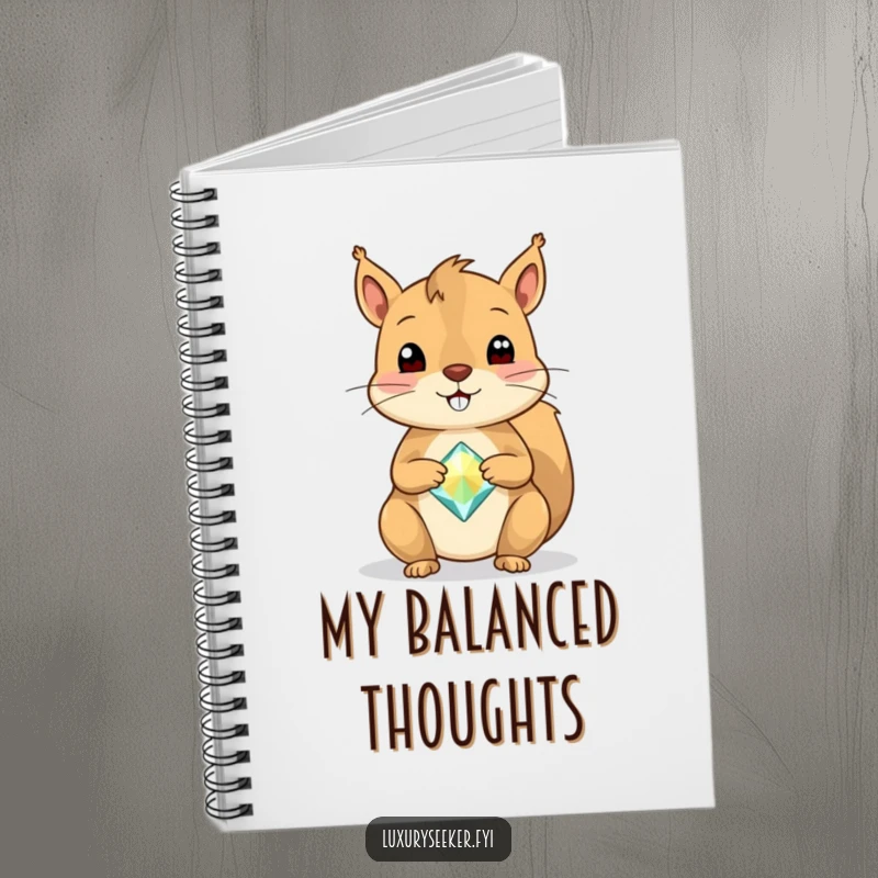 Funny Squirrel Notebook featuring a cheerful squirrel balancing a single, sparkly gemstone on its nose, ideal for notes and drawings.
