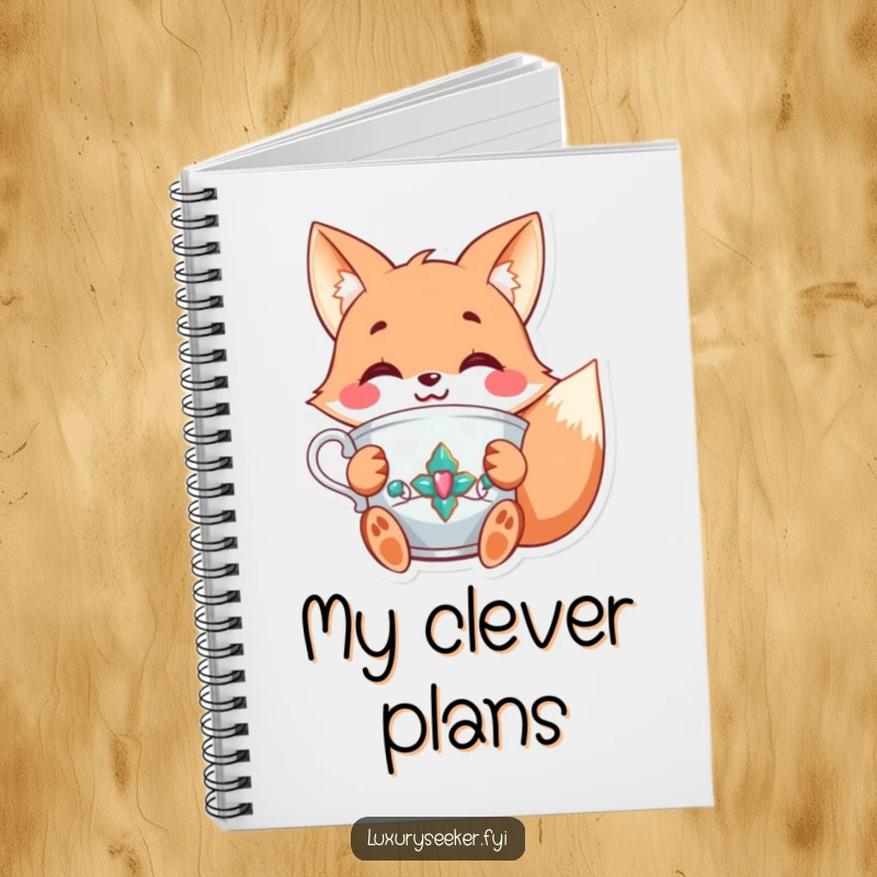 Funny notebook featuring a joyful fox character holding a fancy, jeweled teacup with a smile, ideal for jotting down elegant and sophisticated ideas.