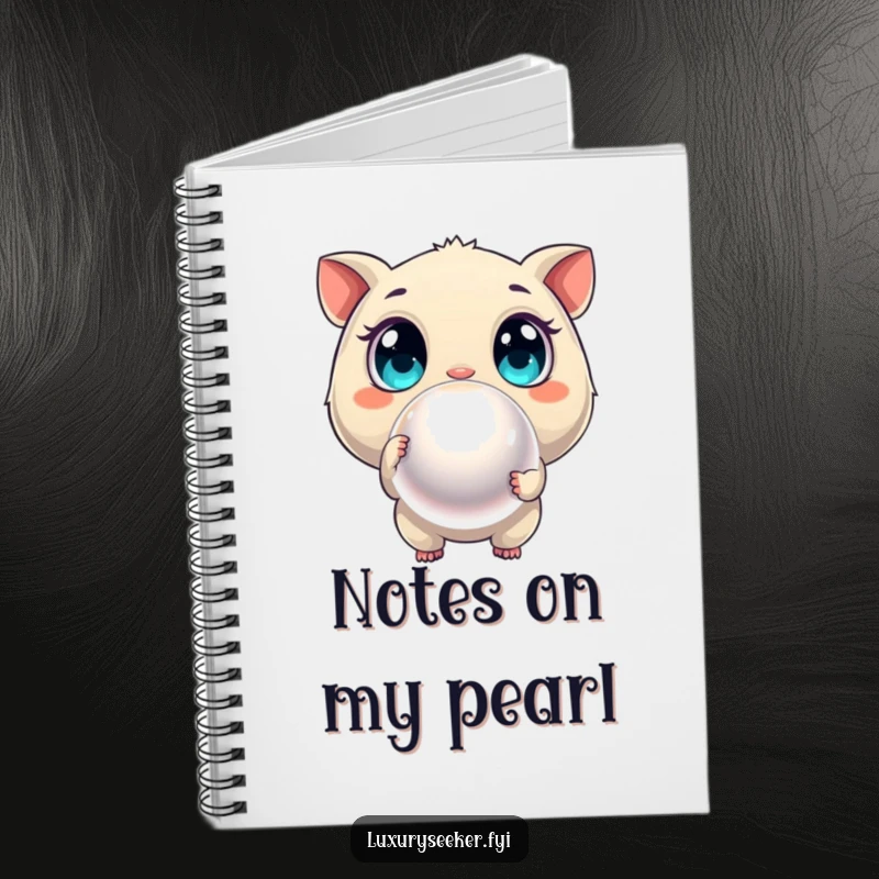 Funny notebook cover featuring a curious creature with wide eyes pointing at a shimmering pearl, ready for your discoveries.