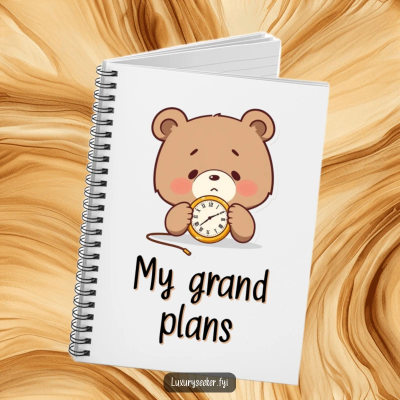 Funny notebook with a determined bear character examining a golden pocket watch, perfect for planning and keeping track of important moments.