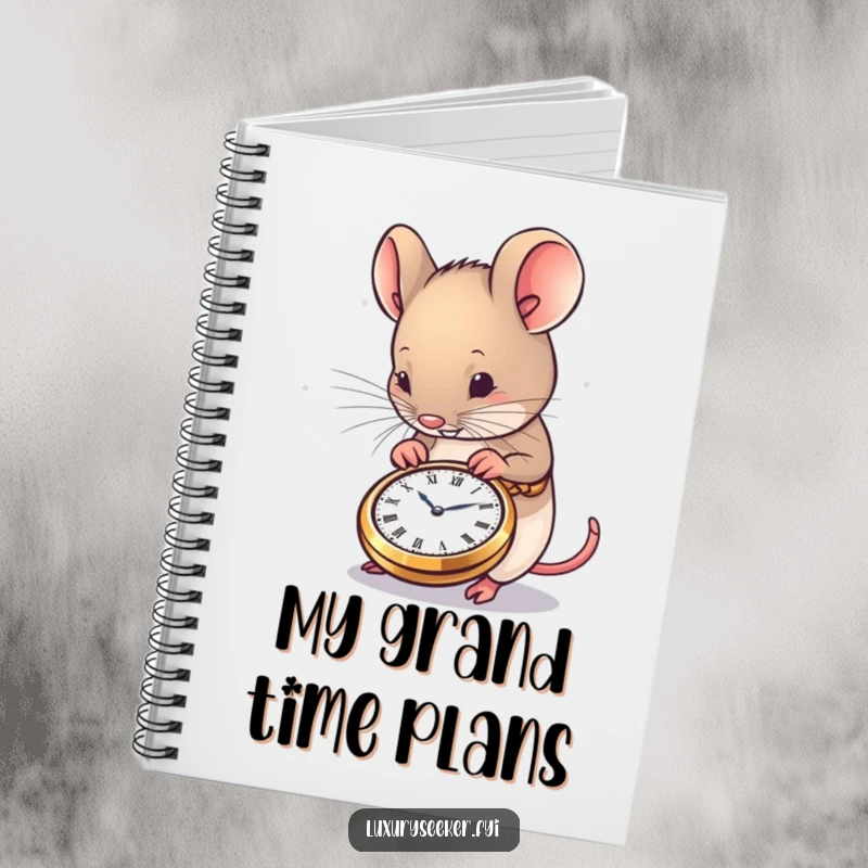 Funny Mouse Notebook with a cover depicting a content mouse admiring a very small, exquisite pocket watch, for writing and planning.