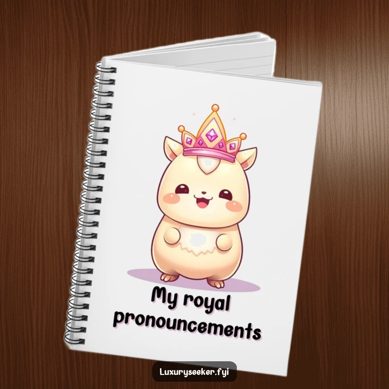 Funny notebook featuring a gleaming creature with a proud smile admiring a sparkling, tiny crown, perfect for humorous journaling.