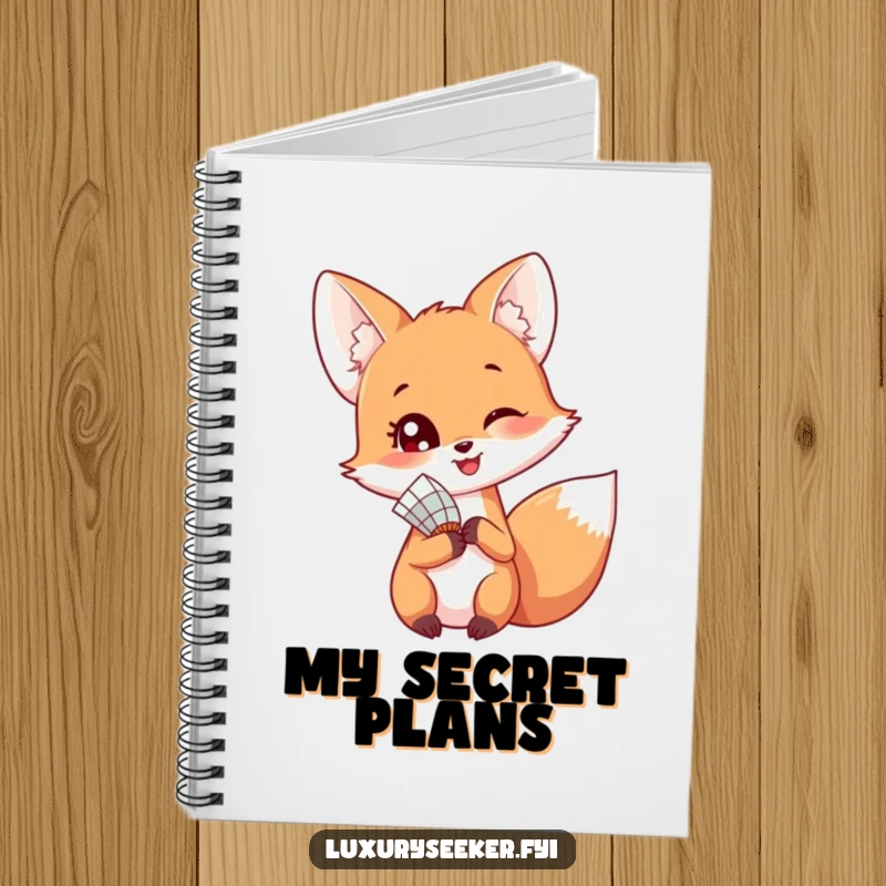 Funny notebook cover with a happy fox holding a delicate fan, looking playfully over its shoulder with an inviting expression.