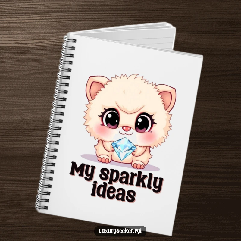 Funny notebook cover featuring a cute, fluffy creature with large, admiring eyes gazing at a sparkling diamond necklace, inspiring dreams.