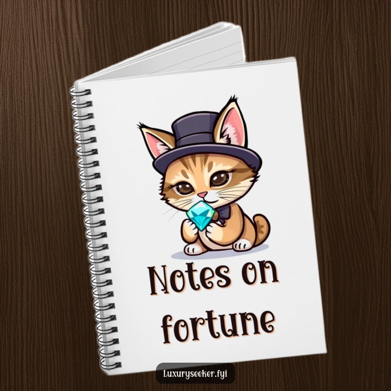 Funny notebook cover with a sophisticated cat wearing a small top hat, intently inspecting a captivating gemstone.
