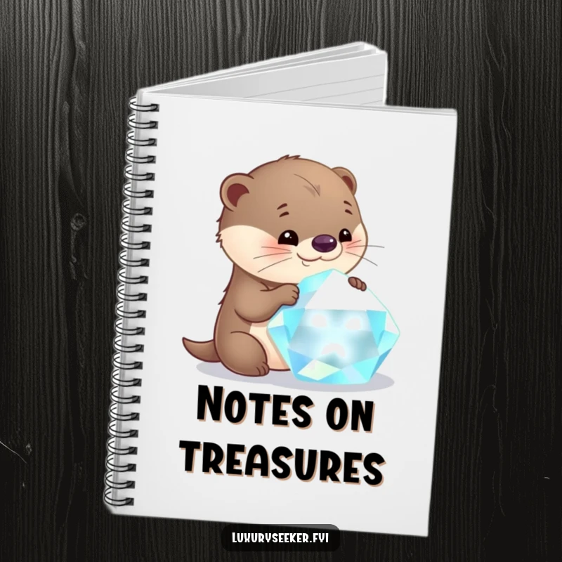 Funny otter notebook cover featuring a curious character examining a large, sparkling gemstone, perfect for capturing bright ideas.