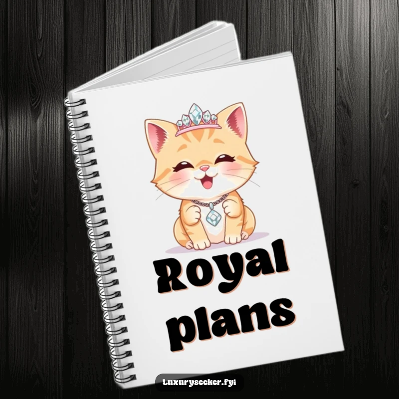 Funny Notebook: A delighted cat wears a tiny diamond tiara, admiring a sparkling necklace, ideal for note-taking with feline sophistication.