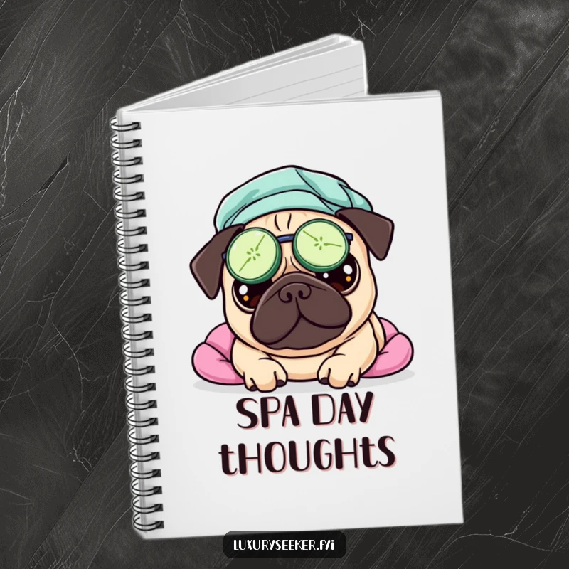 Funny notebook cover with a pampered pug wearing cucumber slices over its eyes, exuding relaxation and humor.