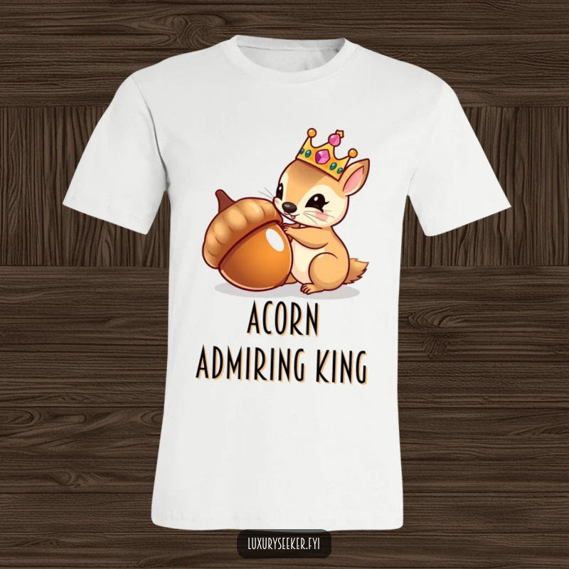 Funny t-shirt featuring a tiny squirrel in a jeweled crown admiring its reflection in a polished acorn, showcasing vanity.