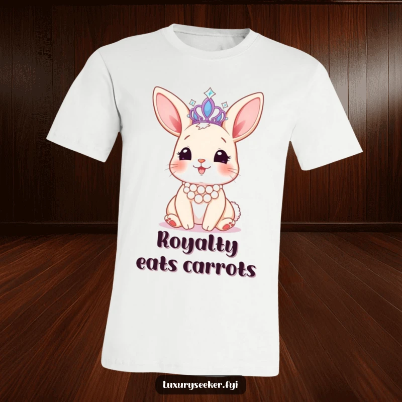 Funny t-shirt with a happy bunny wearing a pearl necklace, gazing admiringly at a sparkling tiara, radiating cute royalty.