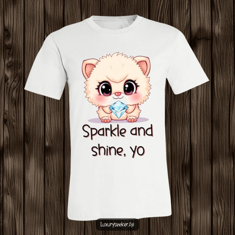 Funny t-shirt depicting a cute, fluffy creature with big, admiring eyes intensely looking at a glittering diamond necklace, full of wonder.