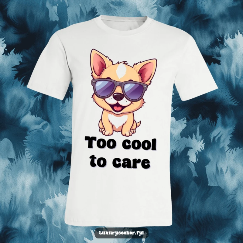 Funny dog t-shirt showcasing a smiling, playful dog wearing tiny designer sunglasses, exuding coolness and humor for casual wear.