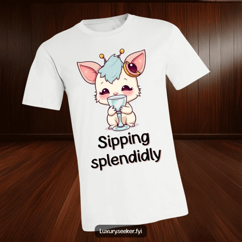 Funny t-shirt showcasing a whimsical creature with a unique accessory sipping from a tiny crystal goblet, a humorous statement of quirky elegance.