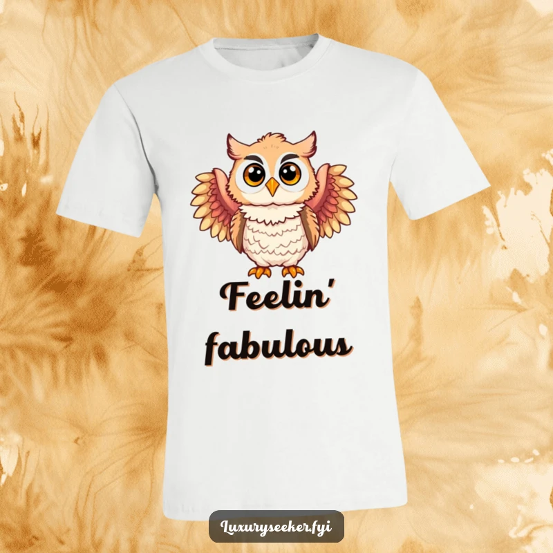 Funny t-shirt with a joyful owl character wearing luxurious feathered boas, perfect for a touch of whimsical elegance.