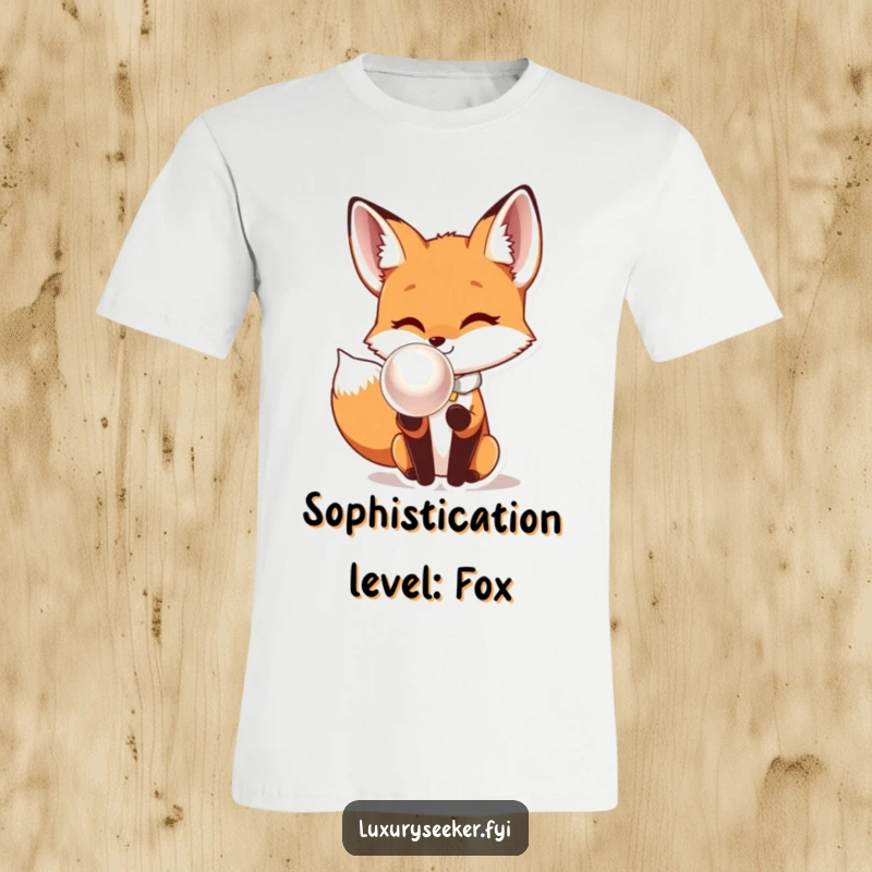 Funny Fox T-Shirt: A sophisticated fox in a bow tie curiously looks at a large, lustrous pearl, a comical scene.