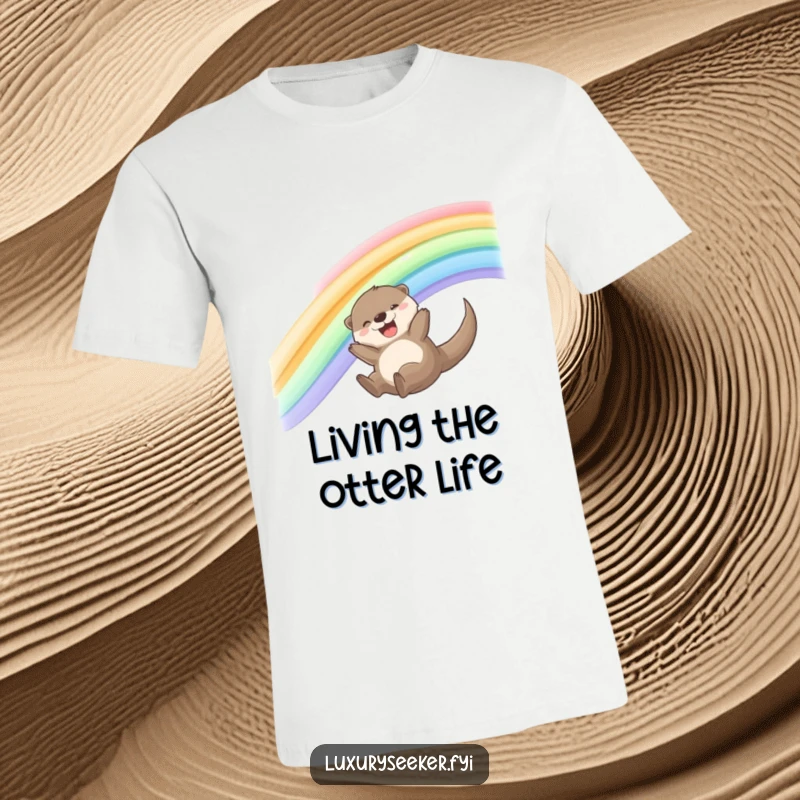 Funny Otter T-Shirt with a joyful otter sliding down a vibrant rainbow crafted from shimmering silk ribbons, evoking happiness.