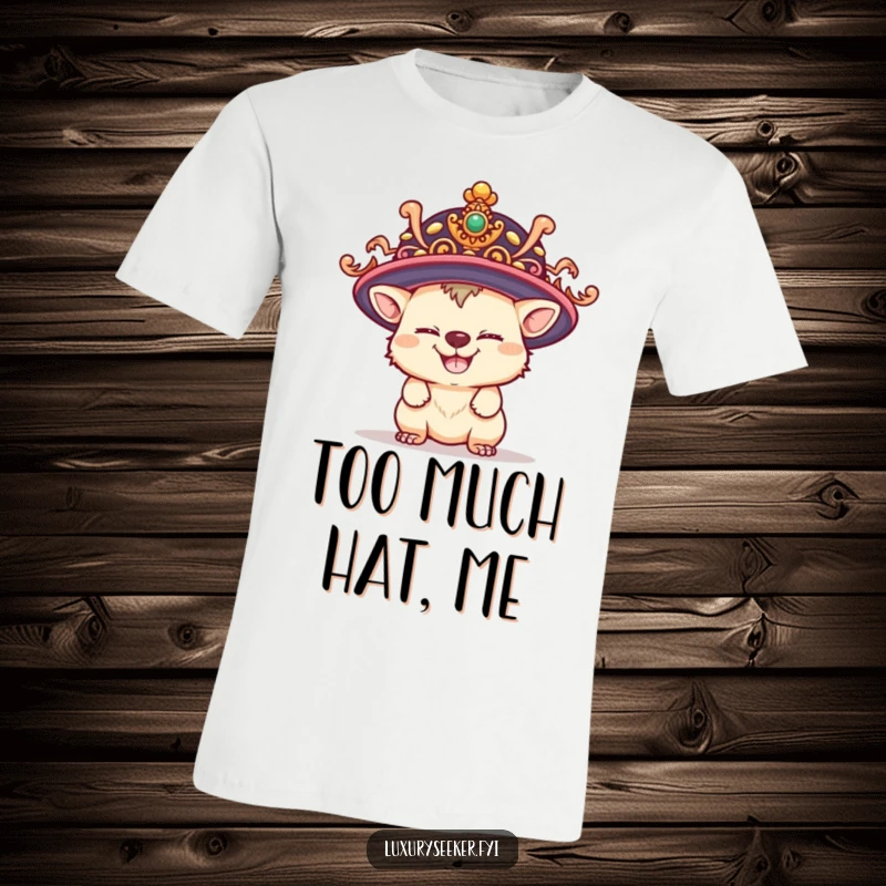Funny t-shirt of a playful creature with a mischievous grin attempting to wear an oversized, ornate hat, radiating fun and cheekiness.