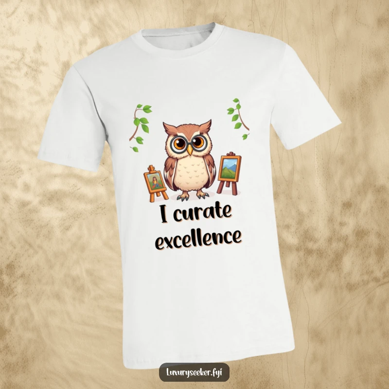 Funny t-shirt showcasing a proud owl with a monocle, gazing at a tiny art gallery, perfect for humorous art lovers and collectors.