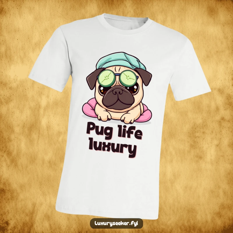 Funny t-shirt showcasing a pampered pug with cucumber slices on its eyes, radiating pure relaxation and spa day joy.