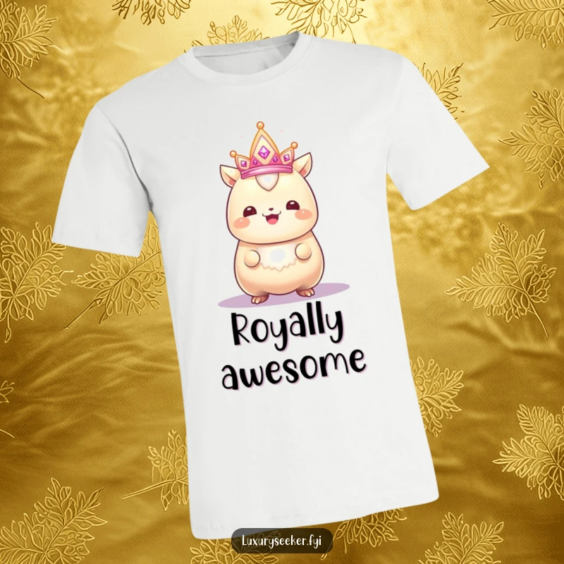 Funny t-shirt showcasing a gleaming creature with a proud smile admiring a sparkling, tiny crown, a humorous statement of regal pride.
