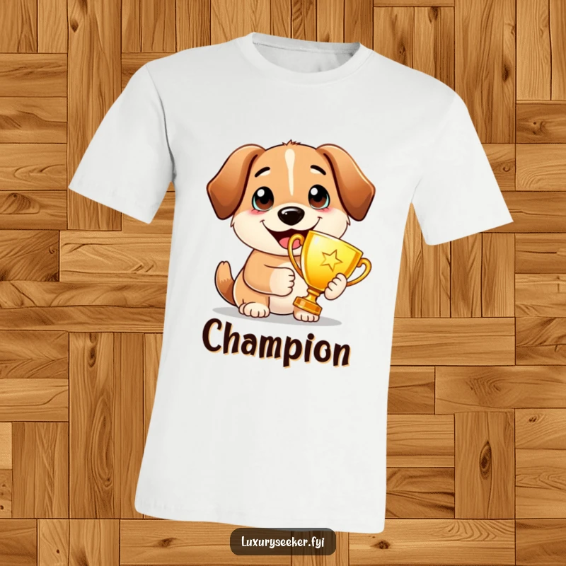 Funny T-Shirt: A proud dog holds a golden trophy with a wide, happy smile, showcasing a triumphant and victorious canine personality.
